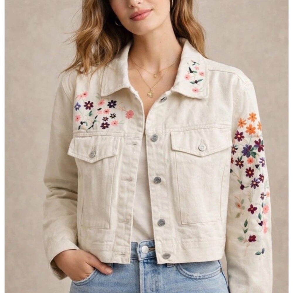 Dolan Anthropologie Floral Embroidered Trucker Jacket Cream Boho Medium NWOT